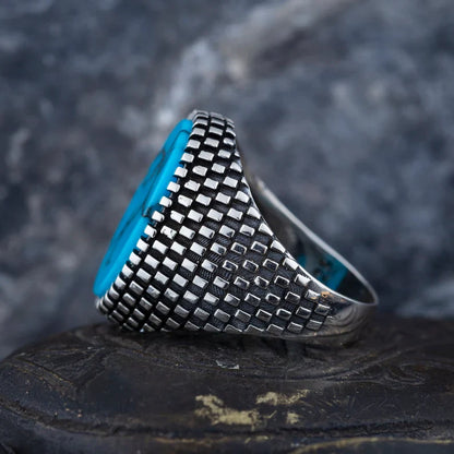 Gental Gems by Karat Kings | Unique Designed Turkish Style Ring with Natural Irani Turquoise (Firoza) |  Sterling Silver Oxidized Ring | Men's Jewelry | With Certificate of Authenticity and  Hallmark