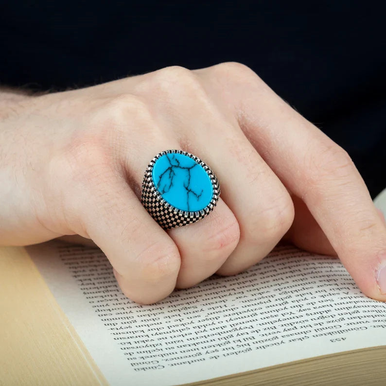 Gental Gems by Karat Kings | Unique Designed Turkish Style Ring with Natural Irani Turquoise (Firoza) |  Sterling Silver Oxidized Ring | Men's Jewelry | With Certificate of Authenticity and  Hallmark