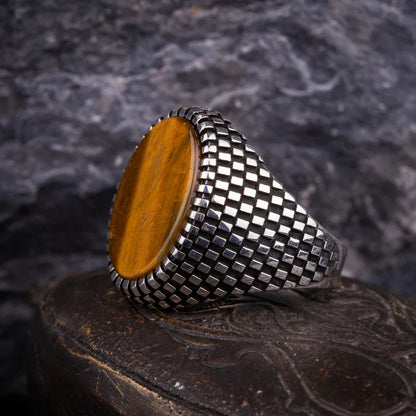 Gental Gems by Karat Kings | Unique Designed Turkish Style Ring with Natural Tiger Eye  |  Sterling Silver Oxidized Ring