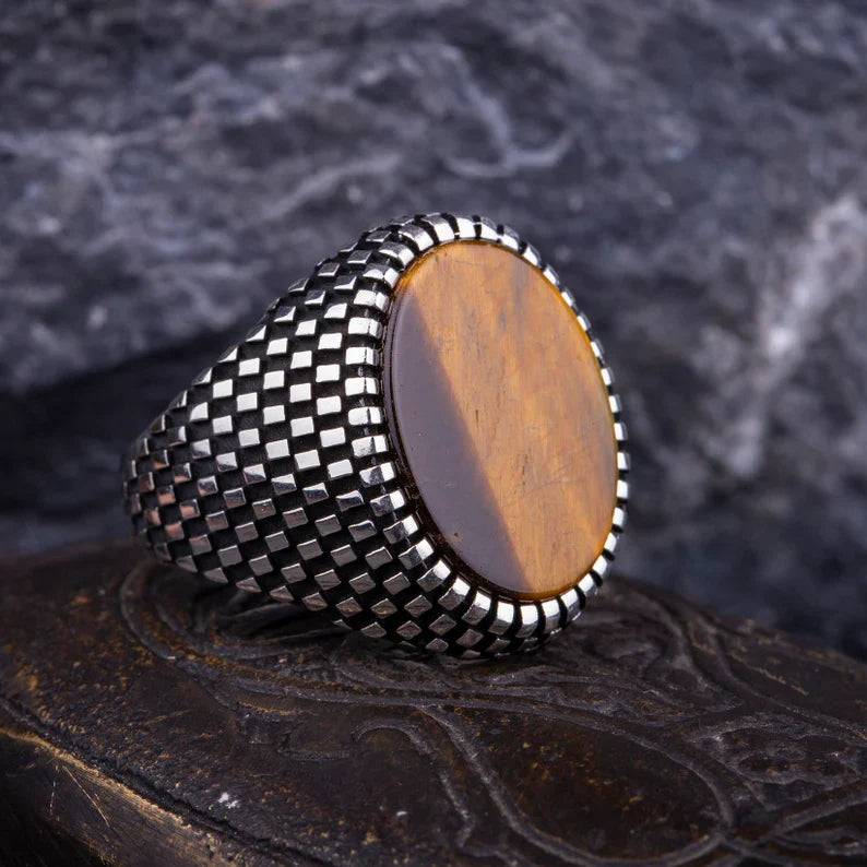 Gental Gems by Karat Kings | Unique Designed Turkish Style Ring with Natural Tiger Eye  |  Sterling Silver Oxidized Ring