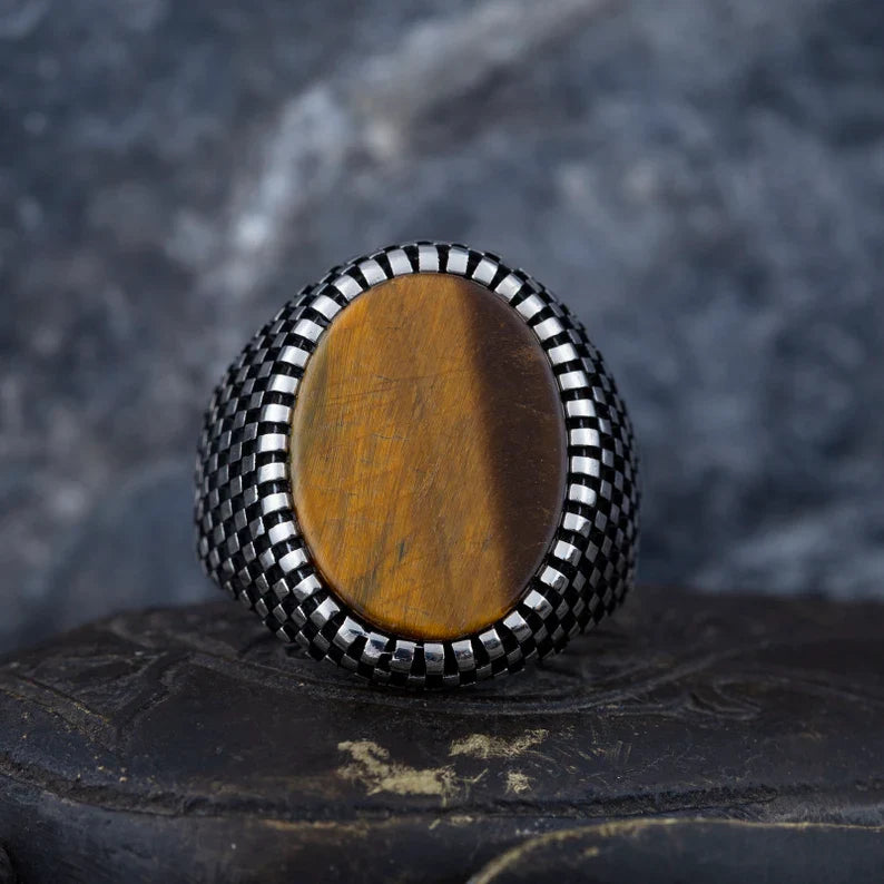 Gental Gems by Karat Kings | Unique Designed Turkish Style Ring with Natural Tiger Eye  |  Sterling Silver Oxidized Ring