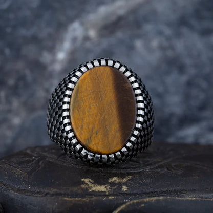Gental Gems by Karat Kings | Unique Designed Turkish Style Ring with Natural Tiger Eye  |  Sterling Silver Oxidized Ring