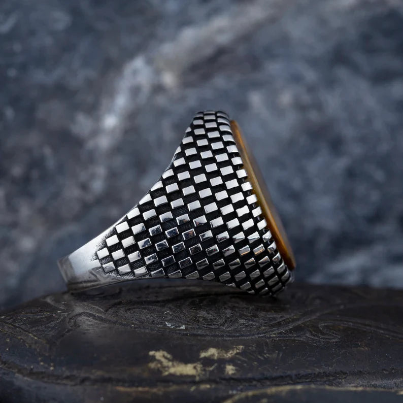 Gental Gems by Karat Kings | Unique Designed Turkish Style Ring with Natural Tiger Eye  |  Sterling Silver Oxidized Ring