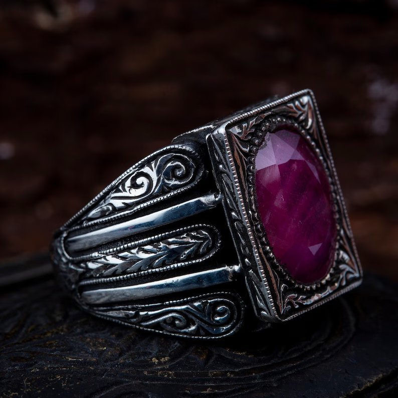 Gental Gems by Karat Kings | Unique Designed Turkish Style Heavy Ring with Natural Red Ruby |  Gold Micron Plated  Sterling Silver Oxidized Ring | Men's Jewelry | With Certificate of Authenticity and  Hallmark