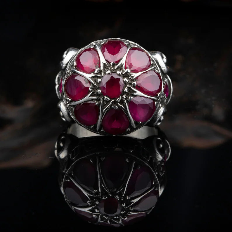 Gental Gems by Karat Kings | Unique Designed Ring with Natural Victorian Ruby Dome|  Sterling Silver Oxidized Ring