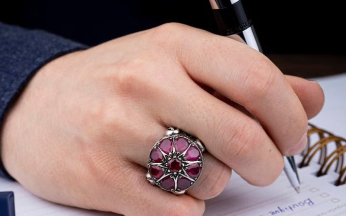 Gental Gems by Karat Kings | Unique Designed Ring with Natural Victorian Ruby Dome|  Sterling Silver Oxidized Ring