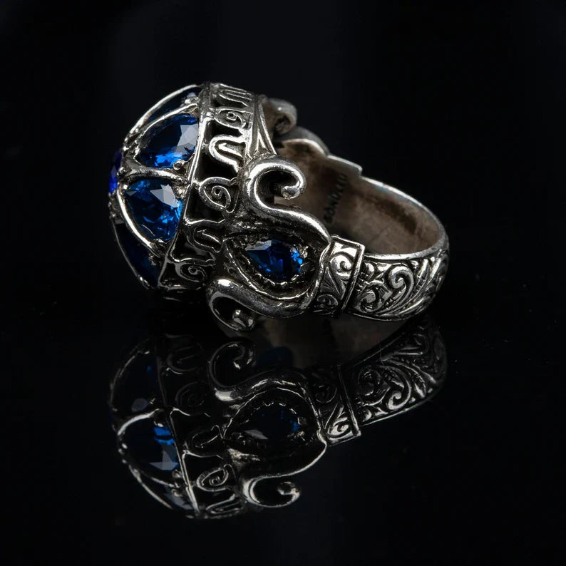 Gental Gems by Karat Kings | Unique Turkish Style Ring with Victorian Blue Zircon |  Sterling Silver Oxidized Ring | Men's Jewelry | With Certificate of Authenticity and  Hallmark