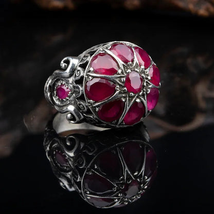 Gental Gems by Karat Kings | Unique Designed Ring with Natural Victorian Ruby Dome| 925 Sterling Silver Oxidized Ring Jewelry Authenticity and 925