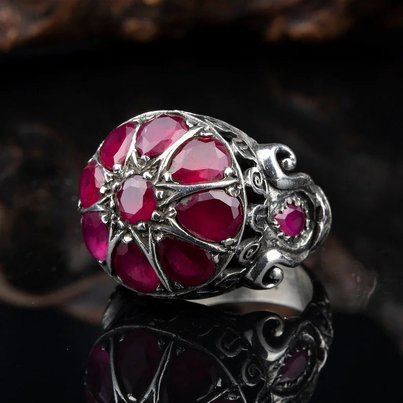 Gental Gems by Karat Kings | Unique Designed Ring with Natural Victorian Ruby Dome|  Sterling Silver Oxidized Ring