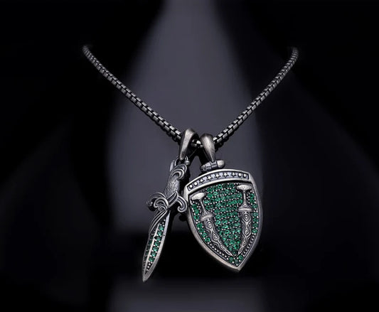 Gental Gems by Karat Kings | Unique Designed Sword & Shield Silver Pendant With Green Zirconia Stone for Men |  Sterling Silver Oxidized Pendant | Men's Jewelry | With Certificate of Authenticity and  Hallmark