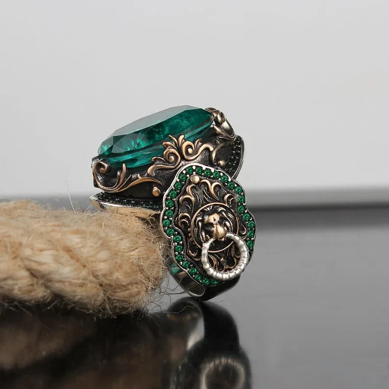 Unique Designed Turkish Style Ring with Emerald |  Sterling Silver Oxidized Ring | With Certificate of Authenticity and  Hallmark