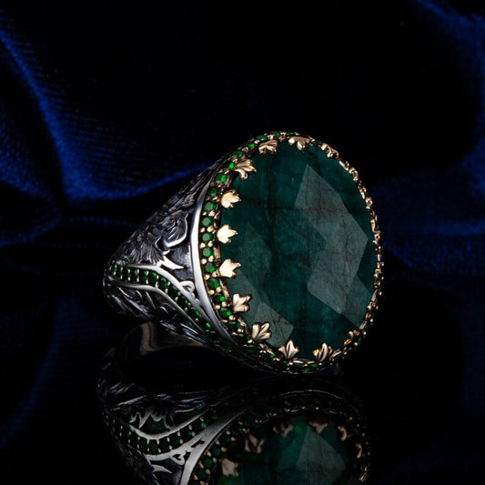 Unique Designed Turkish Style Ring with Natural Emerald |  Sterling Silver Oxidized Ring |With Certificate of Authenticity and  Hallmark
