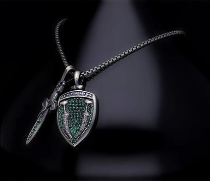Gental Gems by Karat Kings | Unique Designed Sword & Shield Silver Pendant With Green Zirconia Stone for Men |  Sterling Silver Oxidized Pendant | Men's Jewelry | With Certificate of Authenticity and  Hallmark