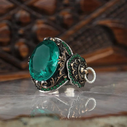 Unique Designed Turkish Style Ring with Emerald |  Sterling Silver Oxidized Ring | With Certificate of Authenticity and  Hallmark