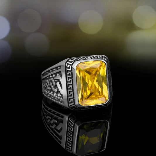 Gental Gems by Karat Kings | Unique Versace Designed Turkish Style Ring with Natural Yellow Citrine ,  Sterling Silver Oxidized Ring | Men's Jewelry | With Certificate of Authenticity and  Hallmark