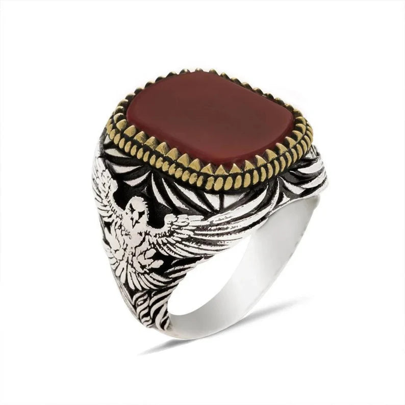 Gental Gems by Karat Kings | Unique Turkish Style Ring with Natural Red Agate  |  Sterling Silver Oxidized Ring | Men's Jewelry | With Certificate of Authenticity and  Hallmark