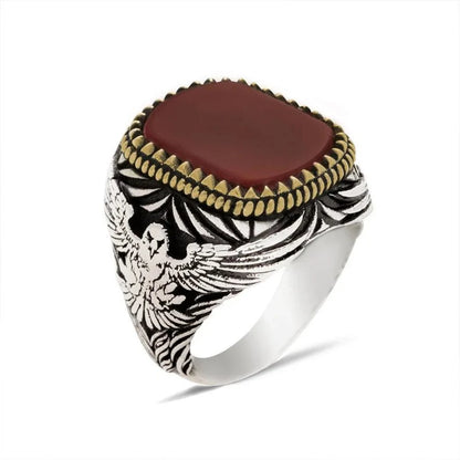 Gental Gems by Karat Kings | Unique Turkish Style Ring with Natural Red Agate  |  Sterling Silver Oxidized Ring | Men's Jewelry | With Certificate of Authenticity and  Hallmark