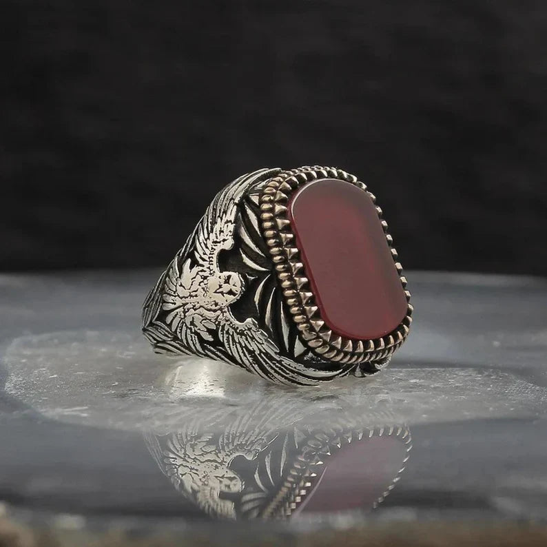 Gental Gems by Karat Kings | Unique Turkish Style Ring with Natural Red Agate  |  Sterling Silver Oxidized Ring | Men's Jewelry | With Certificate of Authenticity and  Hallmark