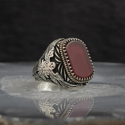 Gental Gems by Karat Kings | Unique Turkish Style Ring with Natural Red Agate  |  Sterling Silver Oxidized Ring | Men's Jewelry | With Certificate of Authenticity and  Hallmark