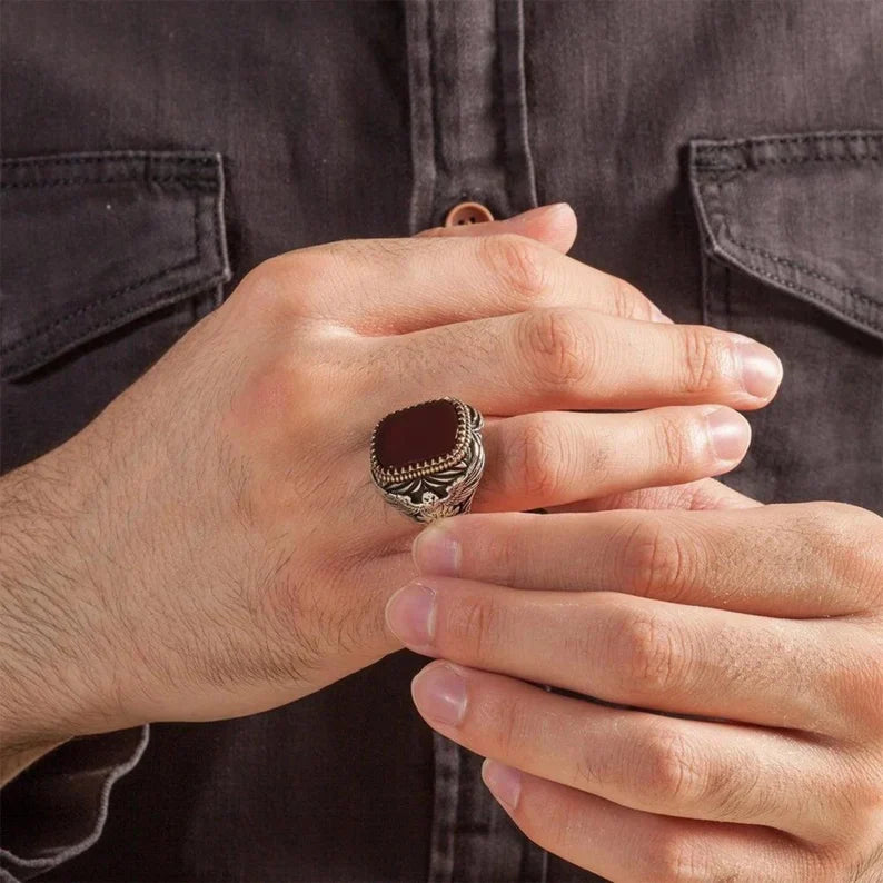 Gental Gems by Karat Kings | Unique Turkish Style Ring with Natural Red Agate  |  Sterling Silver Oxidized Ring | Men's Jewelry | With Certificate of Authenticity and  Hallmark