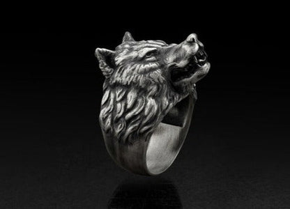 Gental Gems by Karat Kings | Unique Designed Wolf Face Ring |  Sterling Silver Oxidized Ring