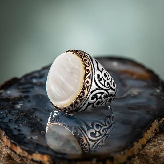 Gental Gems by Karat Kings | Unique Turkish Style Ring with Natural Pearl |  Sterling Silver Oxidized Ring | Men's Jewelry | With Certificate of Authenticity and  Hallmark