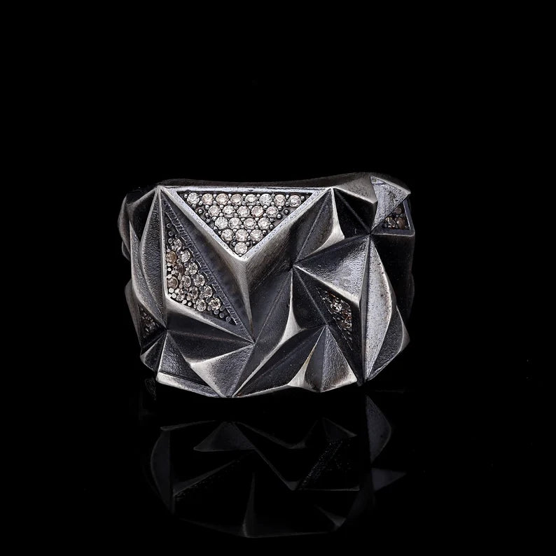 Gental Gems by Karat Kings | Unique Designed Zigzag Style Turkish Style Ring with White Zirconia | 925 Sterling Silver Oxidized Ring | Men's Jewelry | With Certificate of Authenticity and 925 Hallmark