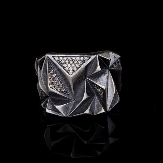Gental Gems by Karat Kings | Unique Designed Zigzag Style Turkish Style Ring with White Zirconia | 925 Sterling Silver Oxidized Ring | Men's Jewelry | With Certificate of Authenticity and 925 Hallmark