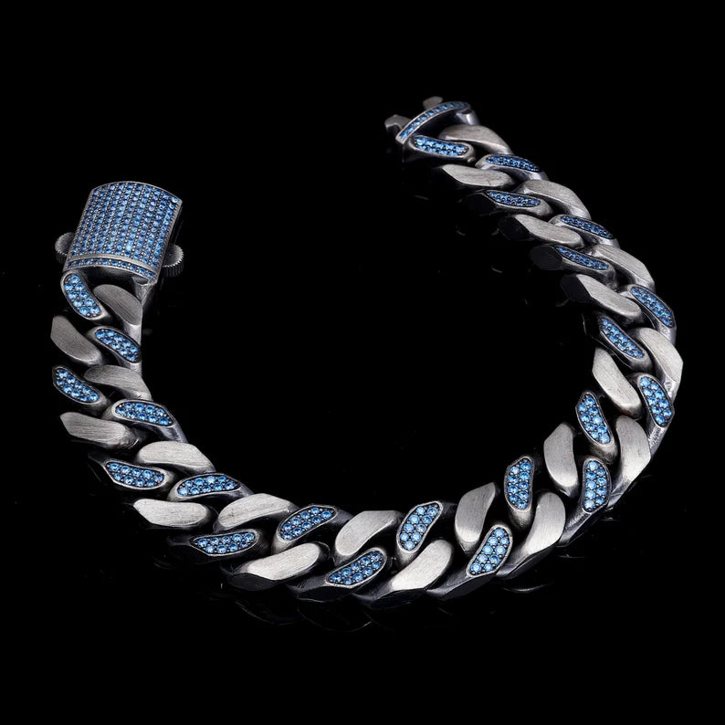 Gental Gems by Karat Kings | 14mm Unique  Blue Iced Cuban Link Bracelet for Men | Dark Oxidized  Silver Bracelet | Men's Jewelry | With Certificate of Authenticity and  Hallmark