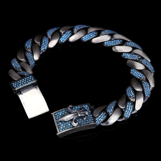16mm wide, Unique Fleur-De-Lis Blue Iced Cuban Link Bracelet for Men | Dark Oxidized  Silver Bracelet | With Certificate of Authenticity and  Hallmark
