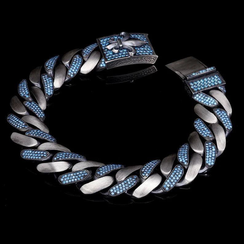 16mm wide, Unique Fleur-De-Lis Blue Iced Cuban Link Bracelet for Men | Dark Oxidized 925 Silver Bracelet | With Certificate of Authenticity and 925 Hallmark