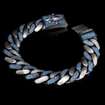16mm wide, Unique Fleur-De-Lis Blue Iced Cuban Link Bracelet for Men | Dark Oxidized 925 Silver Bracelet | With Certificate of Authenticity and 925 Hallmark