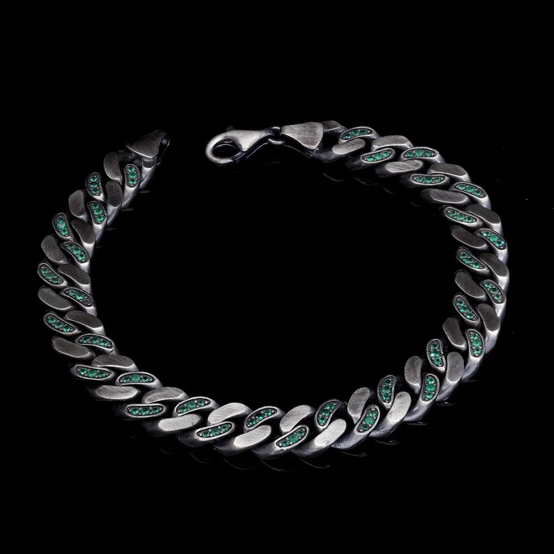 Gental Gems by Karat Kings | 14mm Unique  Green Emerald Iced Cuban Link Bracelet for Men | Dark Oxidized 925 Silver Bracelet Jewelry Authenticity and 925