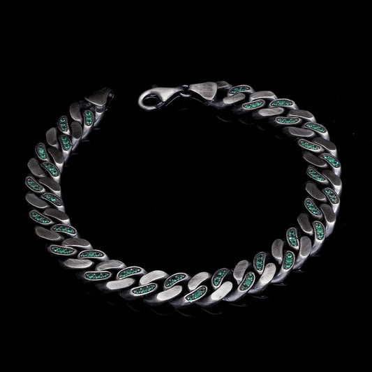 Gental Gems by Karat Kings | 14mm Unique  Green Emerald Iced Cuban Link Bracelet for Men | Dark Oxidized 925 Silver Bracelet | Men's Jewelry | With Certificate of Authenticity and 925 Hallmark