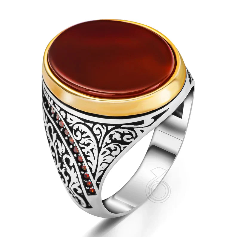 Gental Gems by Karat Kings | Unique Turkish Style Ring with Natural Red Agate  |  Sterling Silver Oxidized Ring
