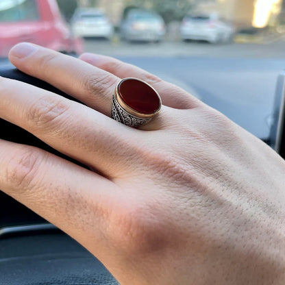 Gental Gems by Karat Kings | Unique Turkish Style Ring with Natural Red Agate  |  Sterling Silver Oxidized Ring