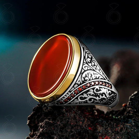 Gental Gems by Karat Kings | Unique Turkish Style Ring with Natural Red Agate  |  Sterling Silver Oxidized Ring | Men's Jewelry | With Certificate of Authenticity and  Hallmark