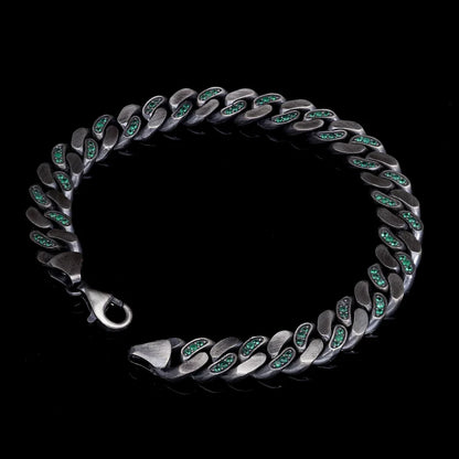Gental Gems by Karat Kings | 14mm Unique  Green Emerald Iced Cuban Link Bracelet for Men | Dark Oxidized 925 Silver Bracelet Jewelry Authenticity and 925