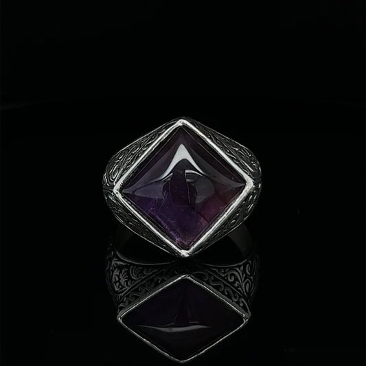 Gental Gems by Karat Kings | Unique Versace Designed Turkish Style Ring with Purple Amethyst ,  Sterling Silver Oxidized Ring | Men's Jewelry | With Certificate of Authenticity and  Hallmark