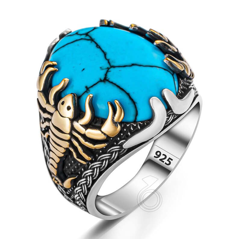 Gental Gems by Karat Kings | Unique Designed Turkish Style Ring with Natural IraniTurquoise (Firoza) |  Sterling Silver Oxidized Ring