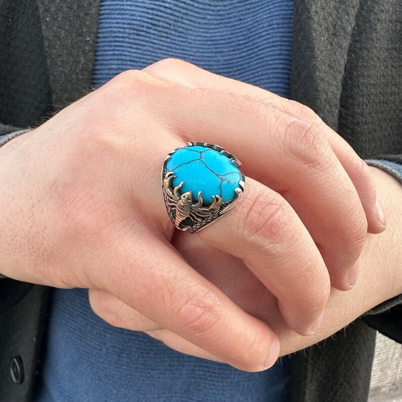 Gental Gems by Karat Kings | Unique Designed Turkish Style Ring with Natural IraniTurquoise (Firoza) |  Sterling Silver Oxidized Ring