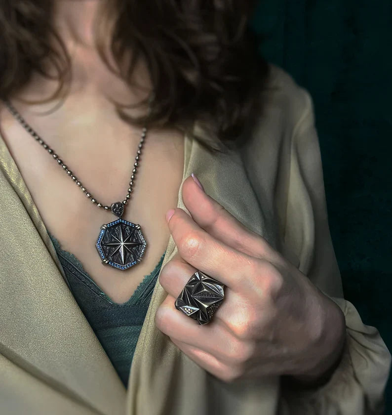 Gental Gems by Karat Kings | Unique Designed Zigzag Style Turkish Style Ring with White Zirconia | 925 Sterling Silver Oxidized Ring | Men's Jewelry | With Certificate of Authenticity and 925 Hallmark