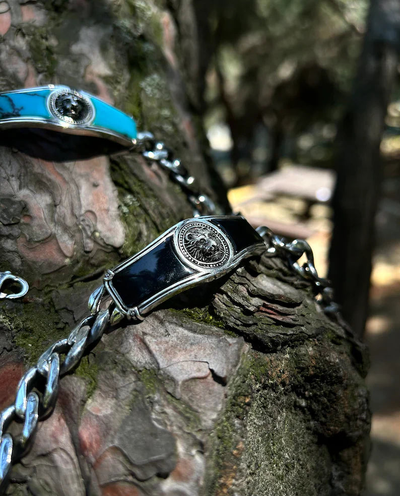 Gental Gems by Karat Kings | Heavy Lion Chain Bracelet with Natural Irani Turquoise (Firoza) for Men |  Sterling Silver Bracelet