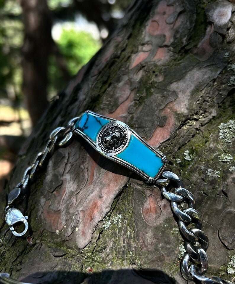 Gental Gems by Karat Kings | Heavy Lion Chain Bracelet with Natural Irani Turquoise (Firoza) for Men |  Sterling Silver Bracelet