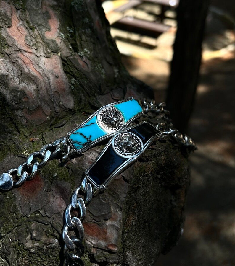 Gental Gems by Karat Kings | Heavy Lion Chain Bracelet with Natural Irani Turquoise (Firoza) for Men |  Sterling Silver Bracelet