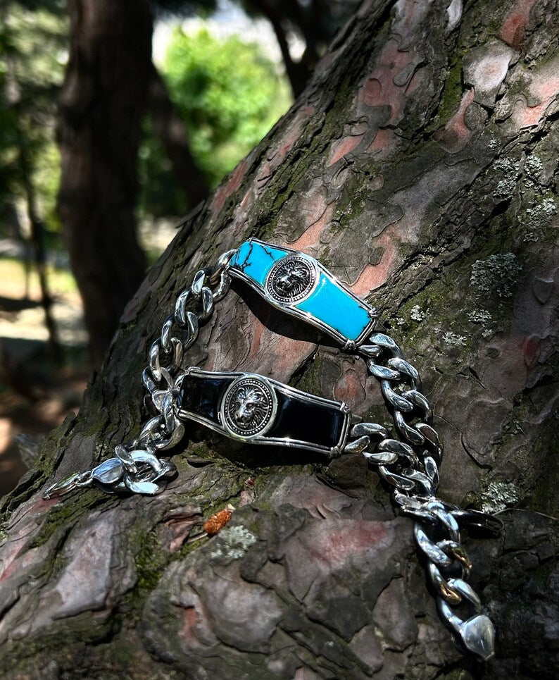 Gental Gems by Karat Kings | Heavy Lion Chain Bracelet with Natural Black Onyx for Men |  Sterling Silver Bracelet