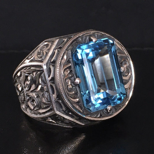 Gental Gems by Karat Kings | Exclusively Designed Ring with AAA Cut Octagonal Blue Topaz |  Sterling Silver Oxidized Hand-engraved Ring | Men's Jewelry | With Certificate of Authenticity and  Hallmark