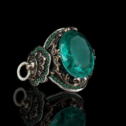 Unique Designed Turkish Style Ring with Emerald |  Sterling Silver Oxidized Ring | With Certificate of Authenticity and  Hallmark