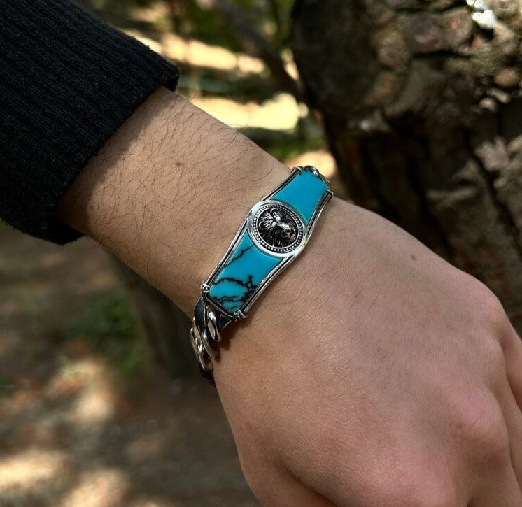 Gental Gems by Karat Kings | Heavy Lion Chain Bracelet with Natural Irani Turquoise (Firoza) for Men |  Sterling Silver Bracelet