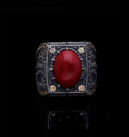 Gental Gems by Karat Kings | Unique Designed Turkish Style Heavy Ring with Natural Red Coral |  Sterling Silver Oxidized Ring